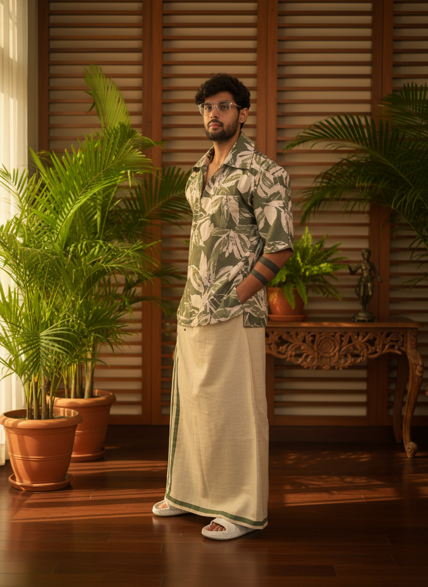 Beige pajamalungi with light green stripes for men's