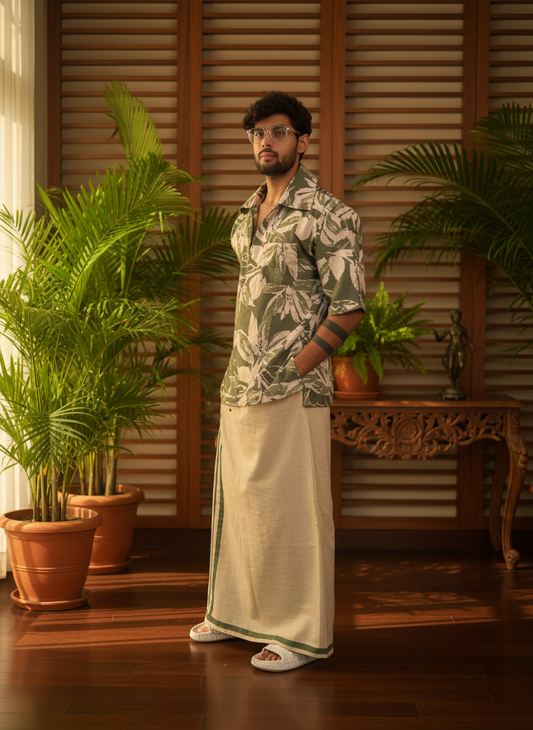 Beige pajamalungi with light green stripes for men's