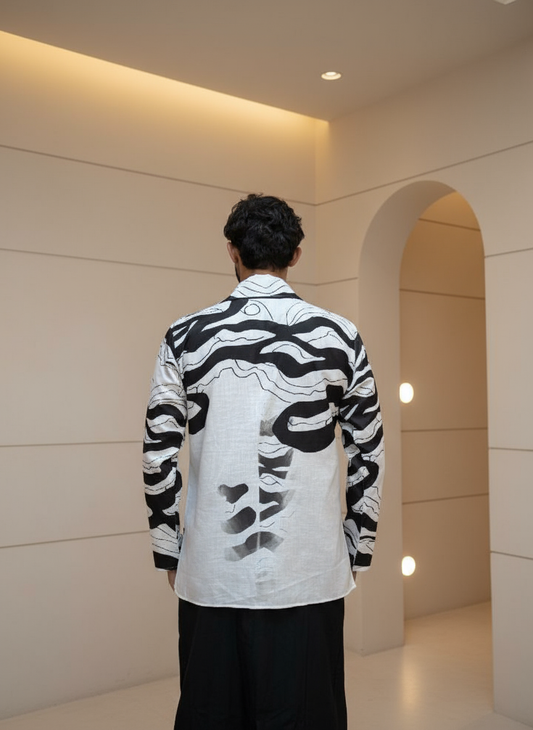 Black and white wave design print kurta for men's