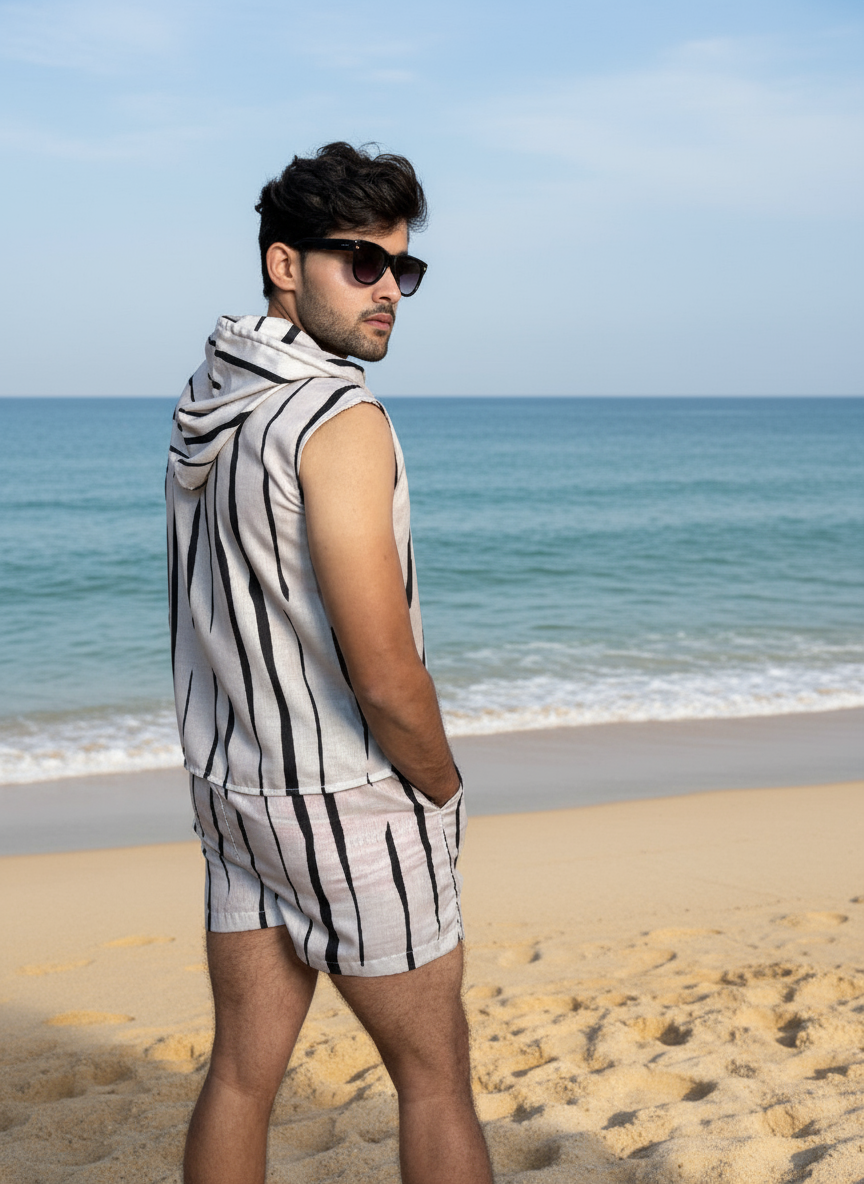 Printed Sleeveless hooded Beach wear Cord Set for Men