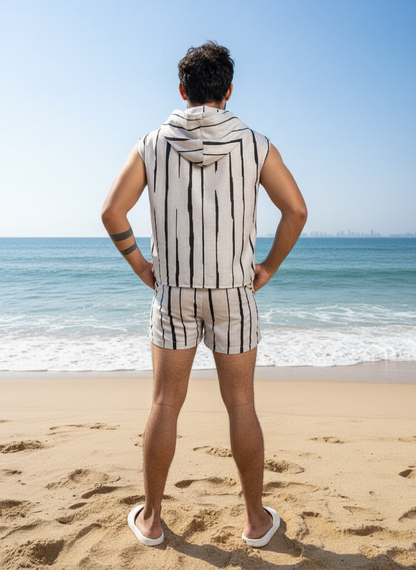 Printed Sleeveless hooded Beach wear Cord Set for Men
