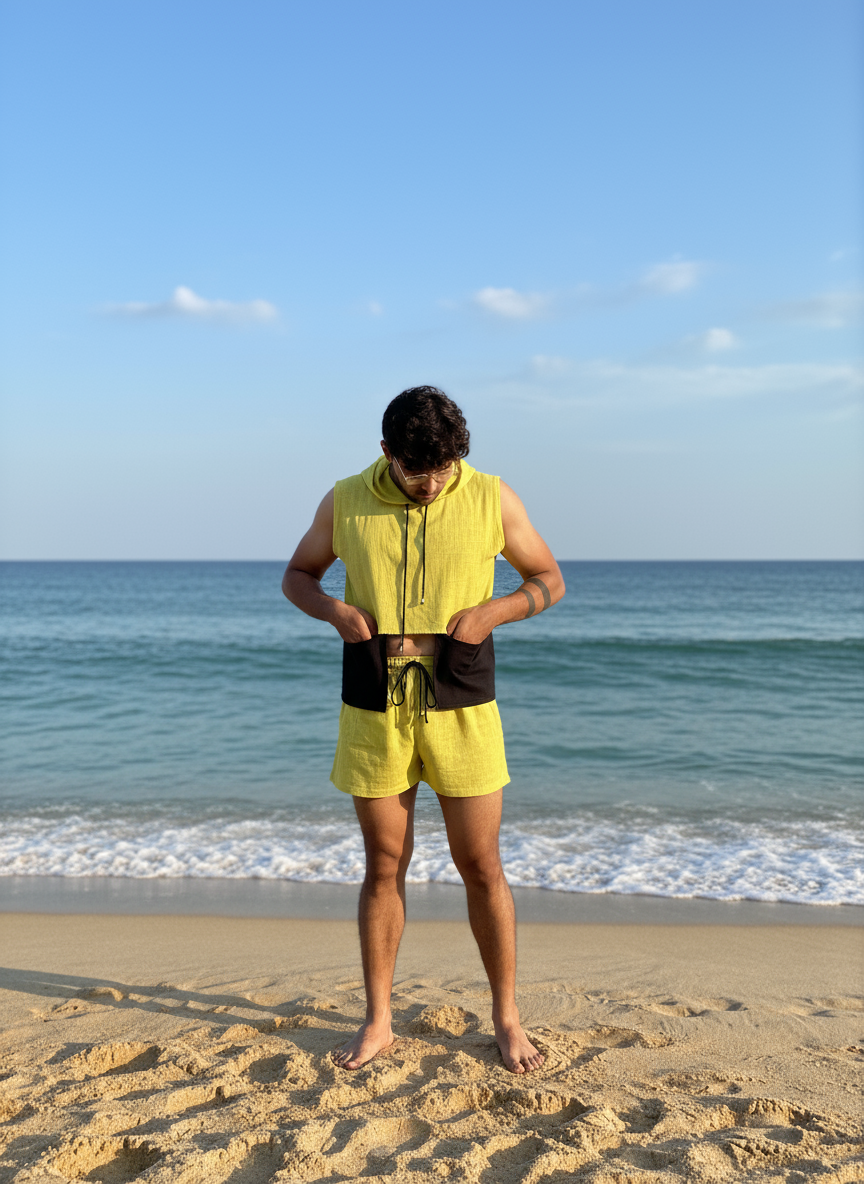 Men's cotton beach wear set – sleeveless hooded top and shorts