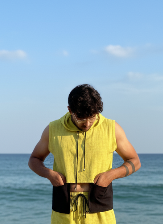 Men's cotton beach wear set – sleeveless hooded top and shorts
