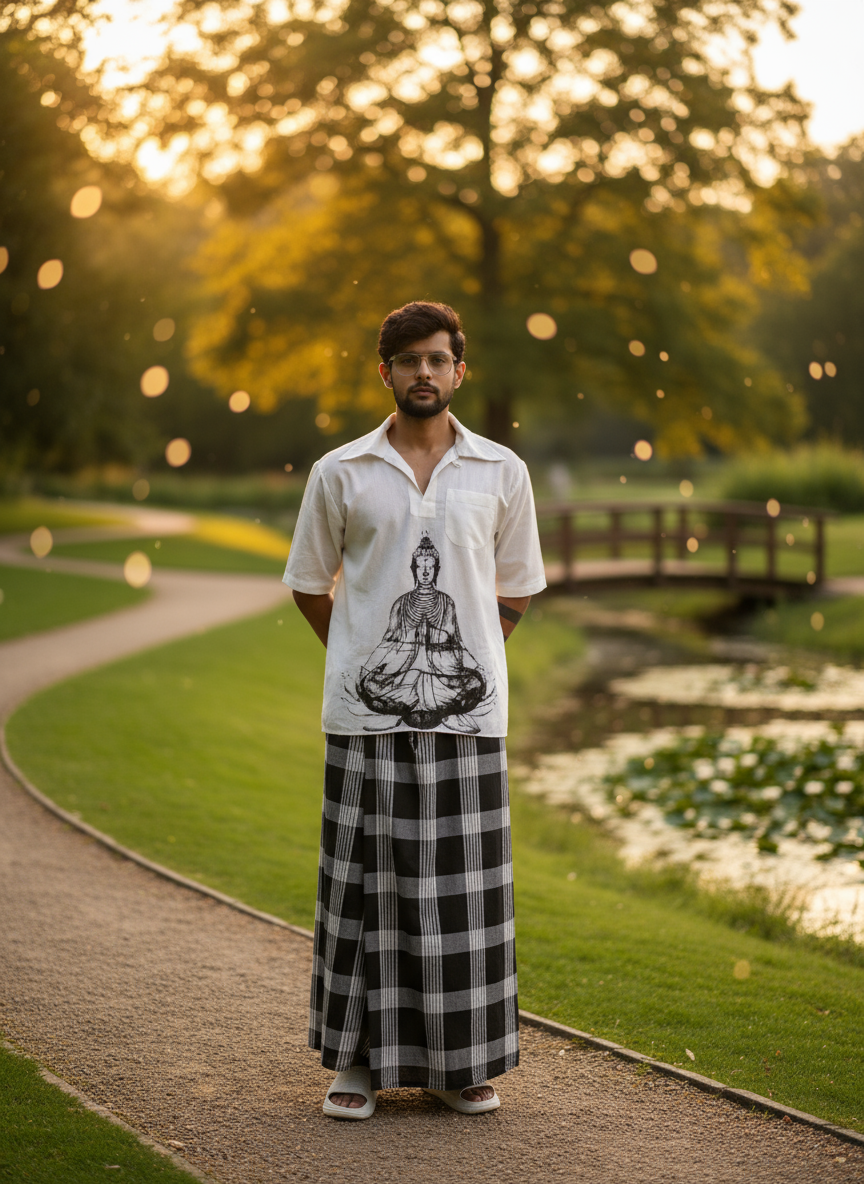 White kurta with budha print for men