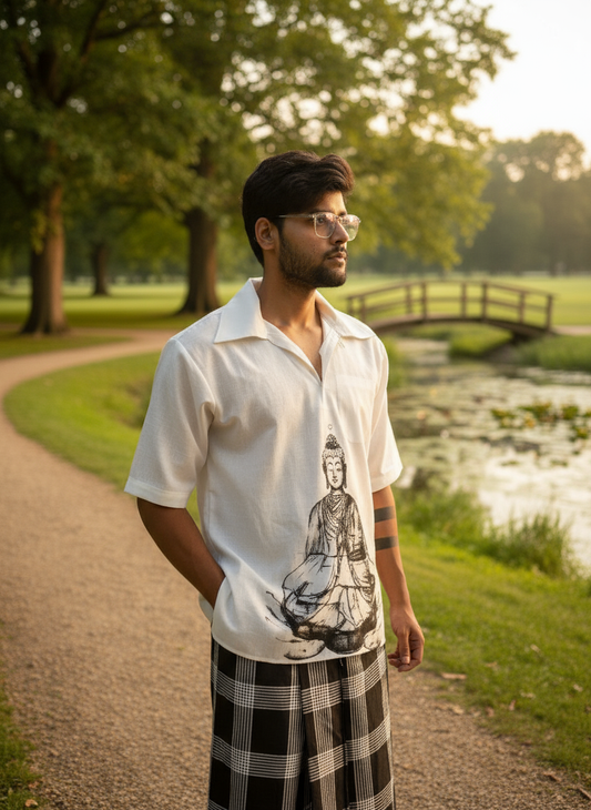 White kurta with budha print for men's