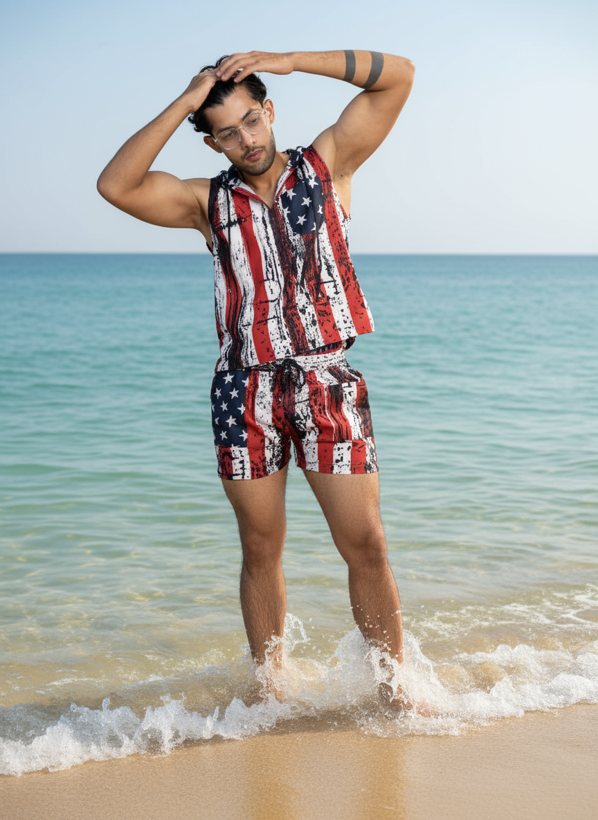 star and stripe print beach sleeveless co-ord set for men