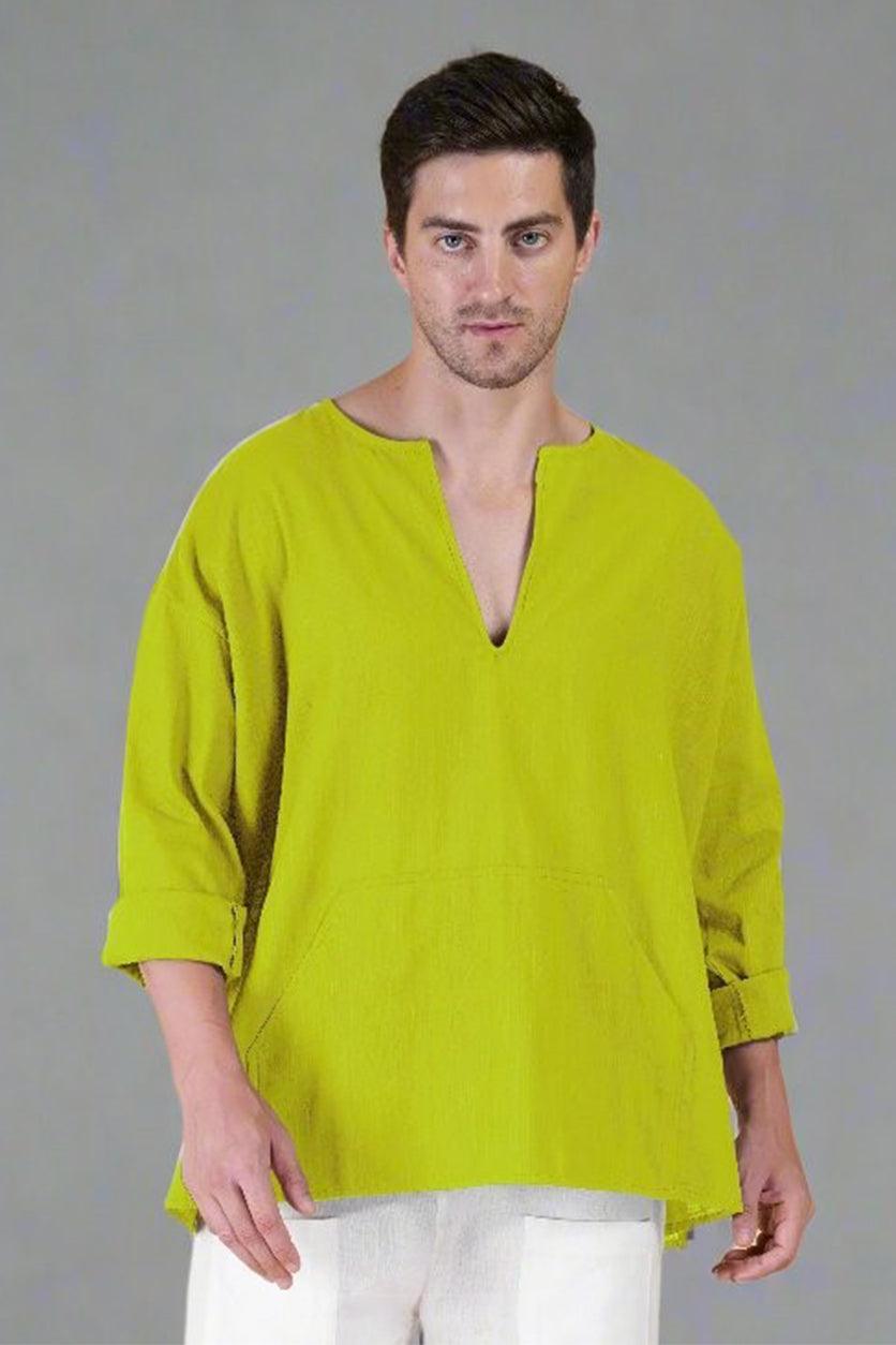 Lemon Green Off Shoulder Loose Cotton Kurta - Nirmal Online