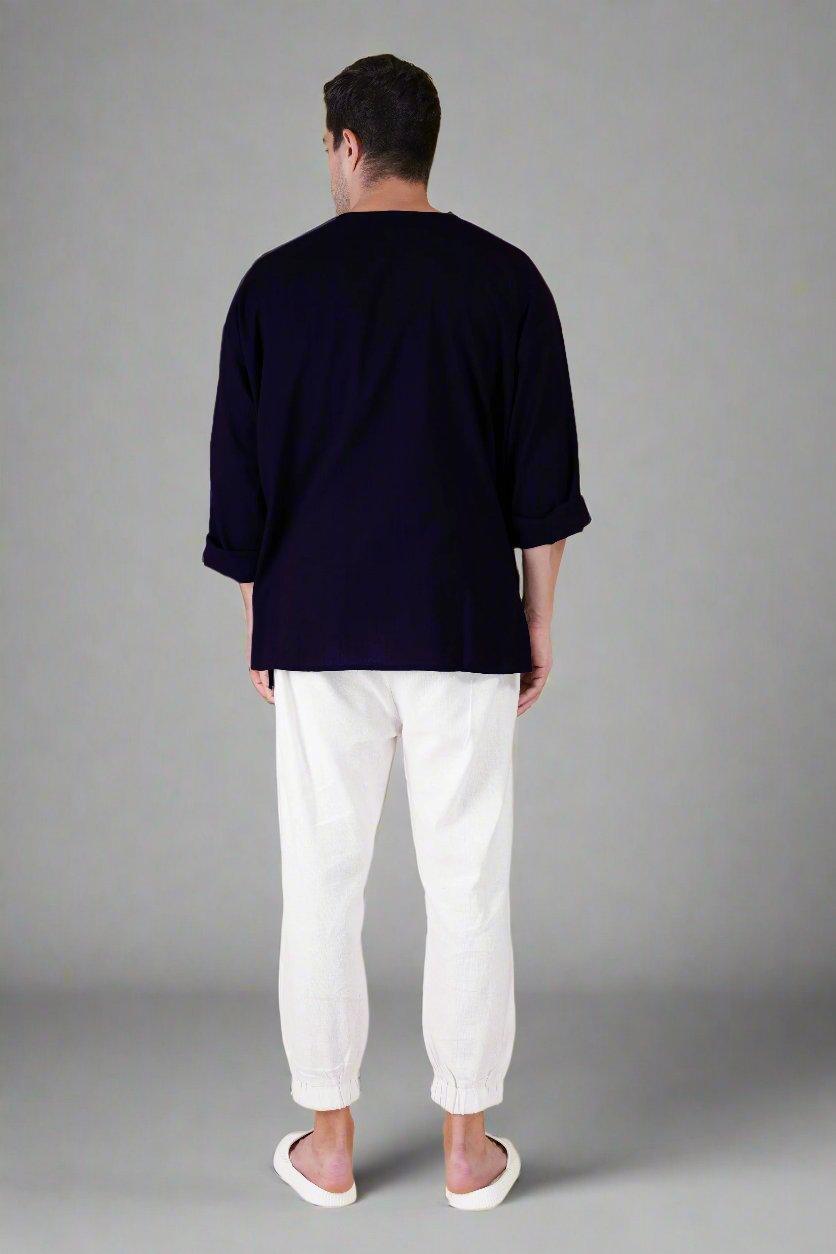 Navy Blue Off Shoulder Loose Cotton Kurta - Nirmal Online