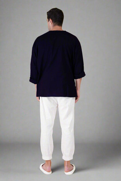 Navy Blue Off Shoulder Loose Cotton Kurta - Nirmal Online