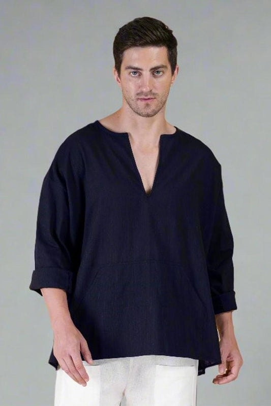 Navy Blue Off Shoulder Loose Cotton Kurta - Nirmal Online