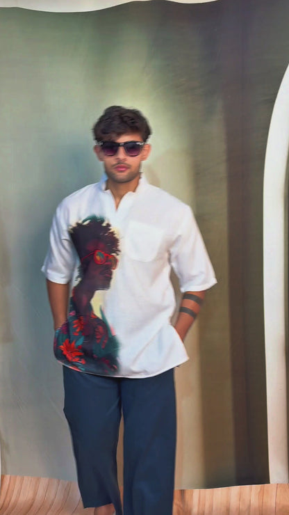 Men’s Half Sleeve Kurta– Afro Sunglasses Print (White)