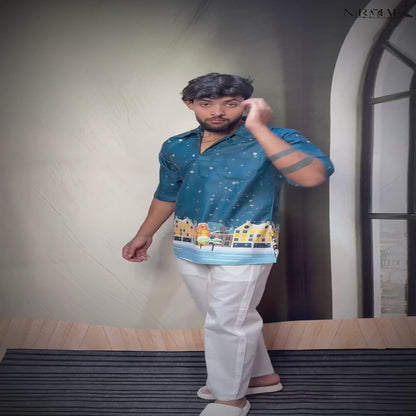 Men  Blue Snow-City Print Printed Kurta