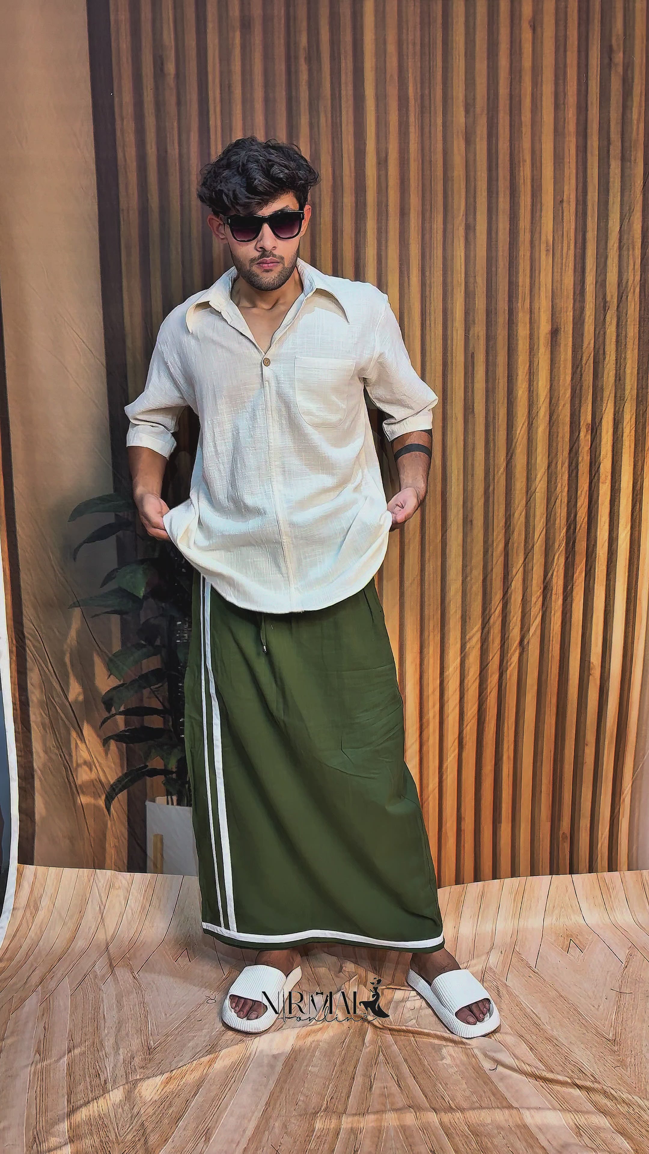 Men Traditional White stipes Green Pajamalungi - Limited Edition