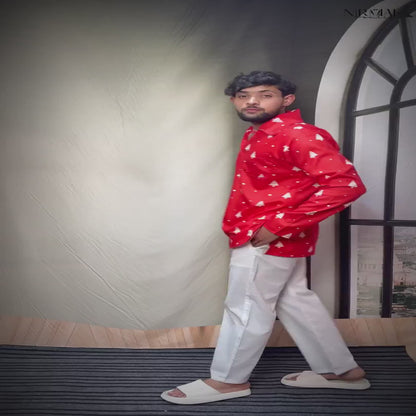 Men Red Christmas-Tree Pattern Kurta