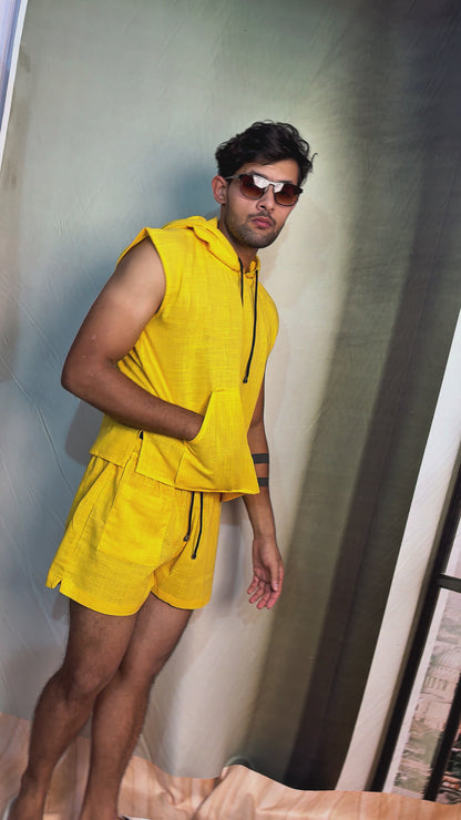 Yellow Sleeveless Beach Hoodie Co-ord Set for Men – Limited Edition