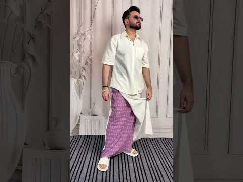 Men White Color  Pajamalungi With Purple Embroidery Panel