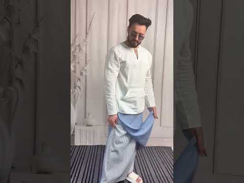 Men Denim Blue Color Pajamalungi With Denim Blue  Stripe Panel