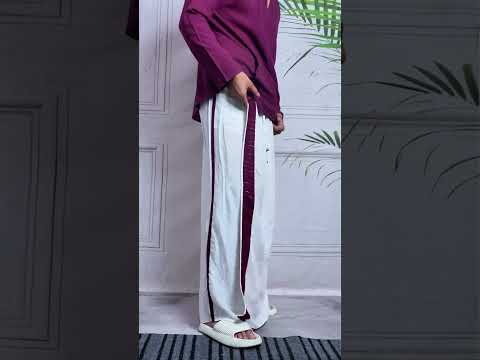 Men White Colour Pajamalungi With Wine / Silver Zari Stripe Panel