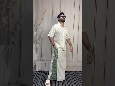 Men White Color  Pajamalungi With Green Embroidery Panel