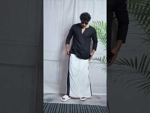 Men White Colour Pajamalungi With Navy/ SilverZari Stripe Panel