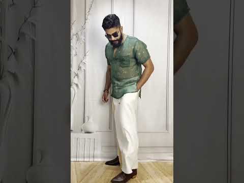 Men Green Colour Viscose Organza Foil Print Kurta