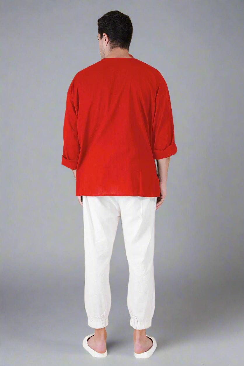 Red Off Shoulder Loose Cotton Kurta - Nirmal Online