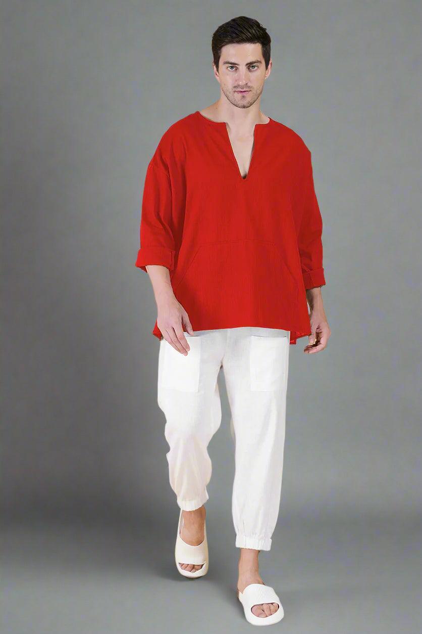 Red Off Shoulder Loose Cotton Kurta - Nirmal Online