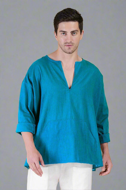 Rama Green Off Shoulder Loose Cotton Kurta - Nirmal Online