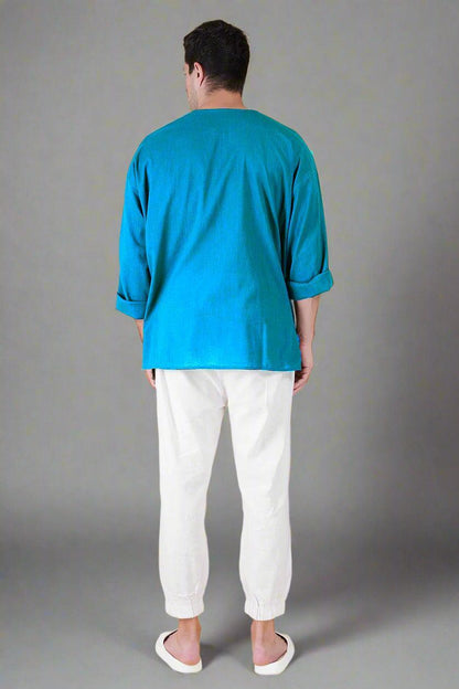 Rama Green Off Shoulder Loose Cotton Kurta - Nirmal Online