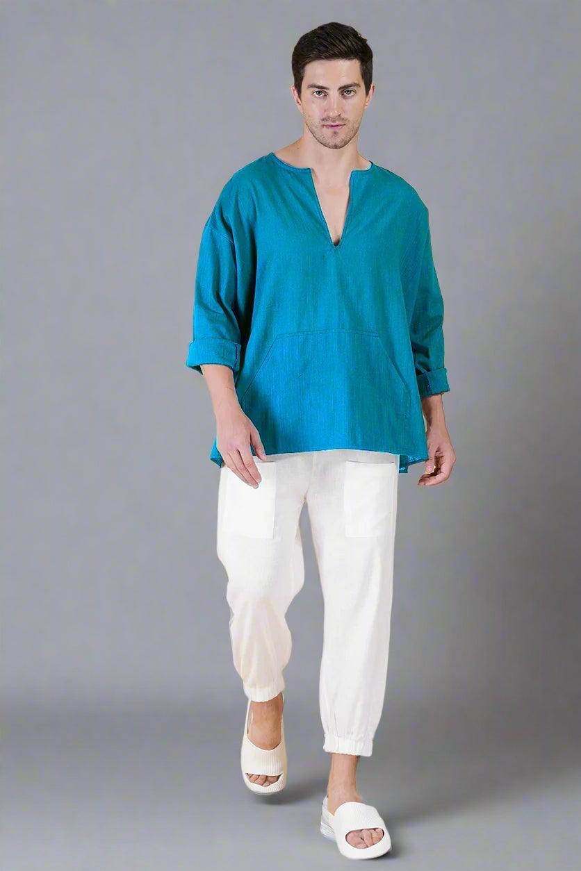 Rama Green Off Shoulder Loose Cotton Kurta - Nirmal Online