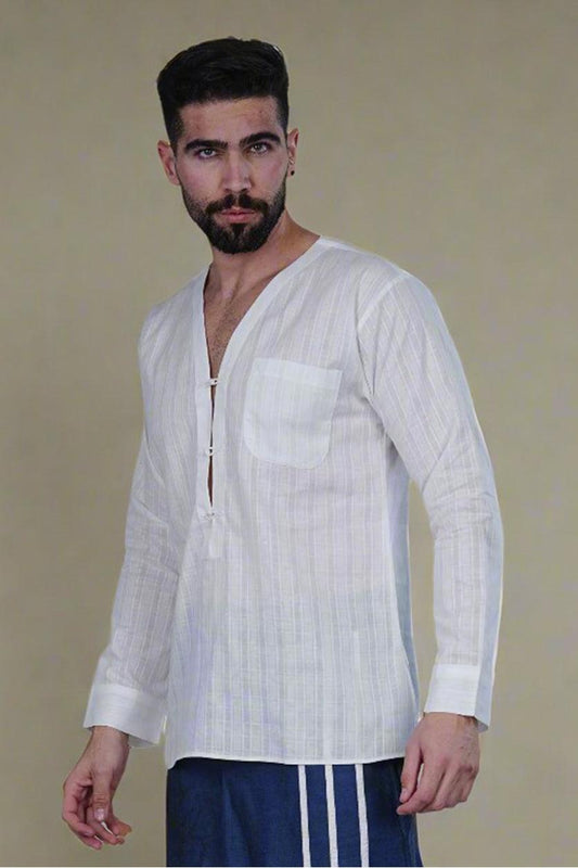 White Self Check Kurta - Nirmal Online