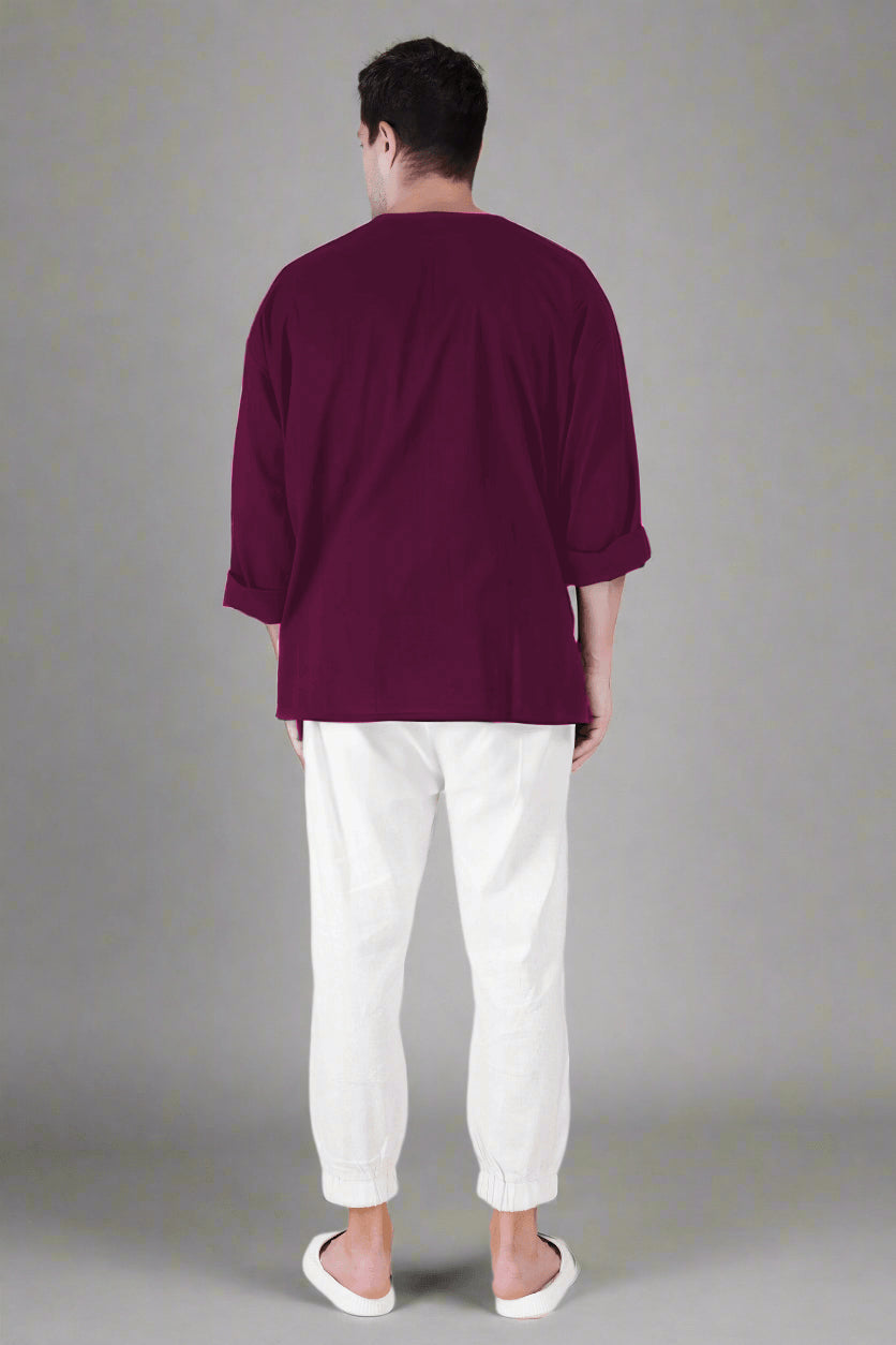 Wine Off Shoulder Loose Cotton Kurta - Nirmal Online