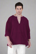 Wine Off Shoulder Loose Cotton Kurta - Nirmal Online