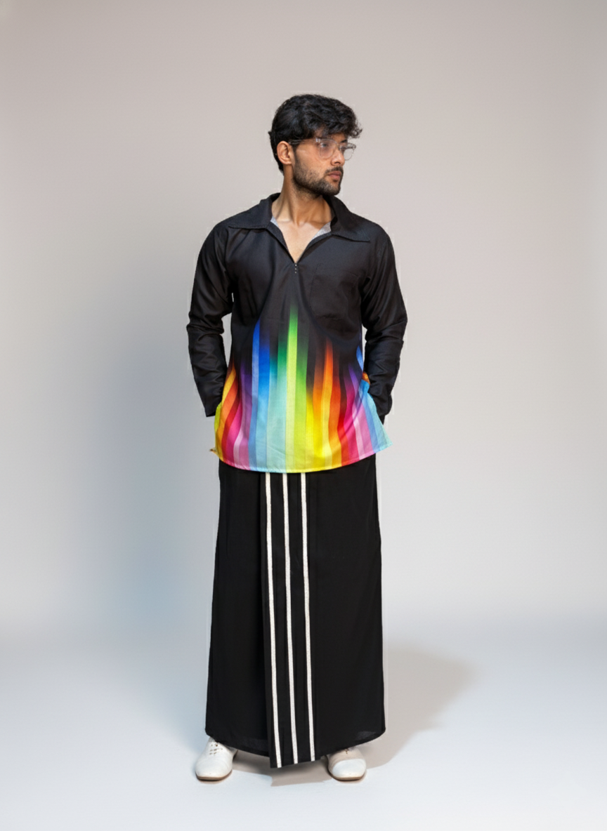 Colorful multicolor rainbow stripes black kurta for men