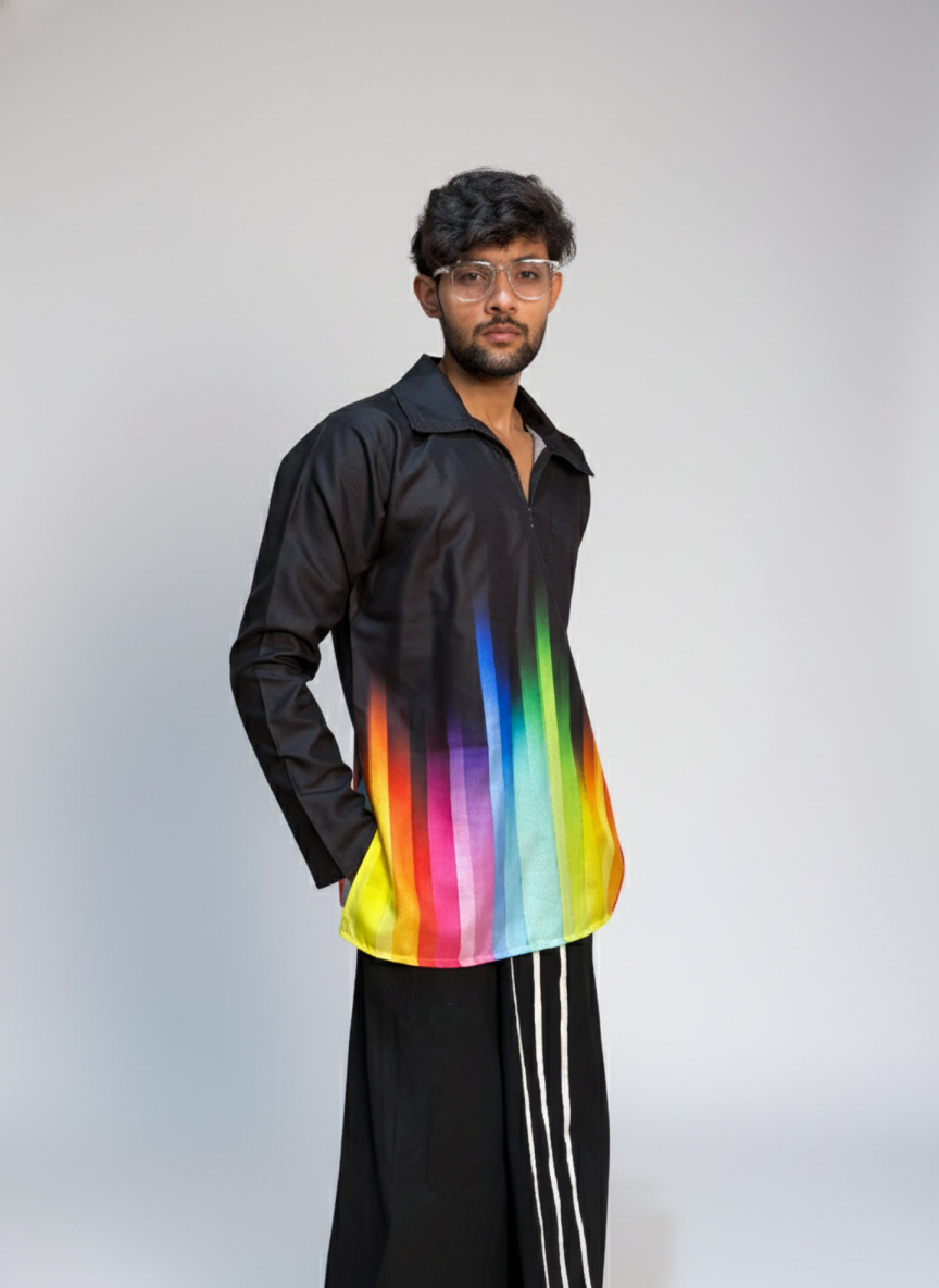 Colorful multicolor rainbow stripes black kurta for men's