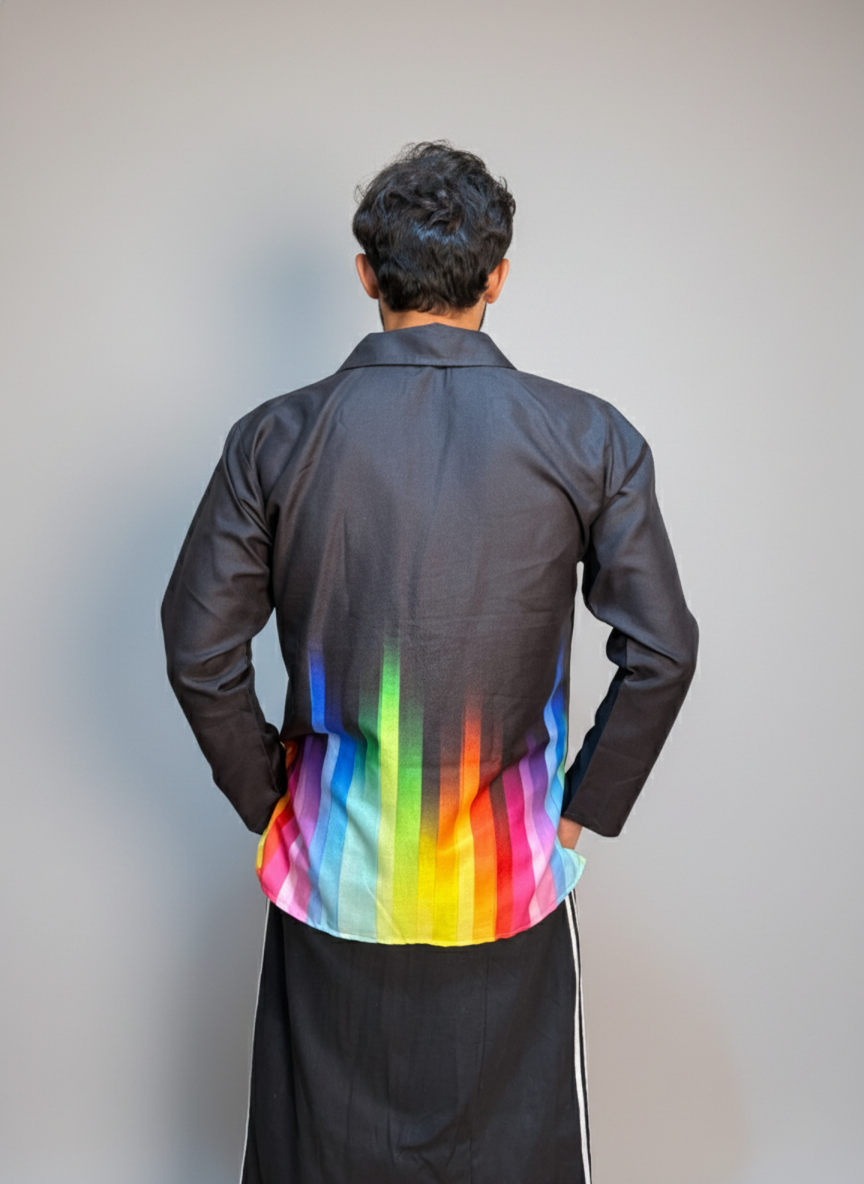 Colorful multicolor rainbow stripes black kurta for men's